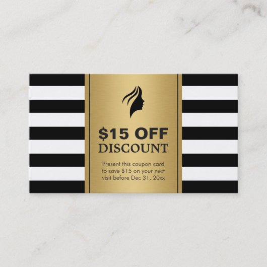 メイクアップヘアサロンクーポン金ゴールド白黒ストライプ 割引カード (正面)