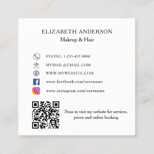 メイクアップヘアフォトQRコードSNS スクエア名刺 (裏面)