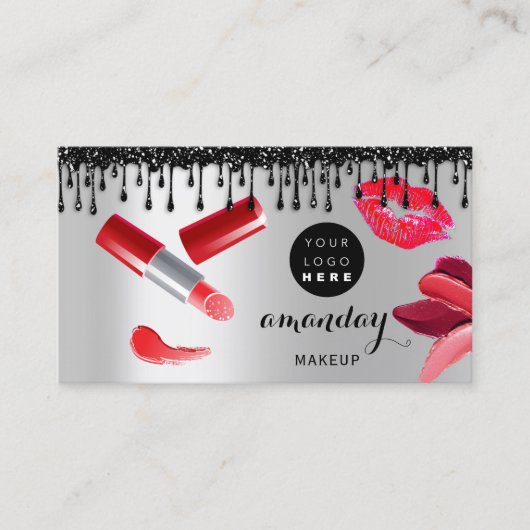 メイクアップヘアレッド口紅シルバーフォトQRCodeショップ 名刺 (正面)