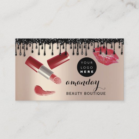 メイクアップヘアレッド口紅バラ写真QRコード 名刺 (正面)