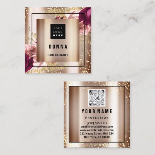 メイクアップヘア美しいロゴQRコードバラ金ゴールドフレーム スクエア名刺 (正面/裏面)