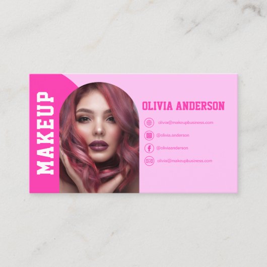 メイクアップモダンアーチホットピンクフォトロゴ 名刺 (正面)