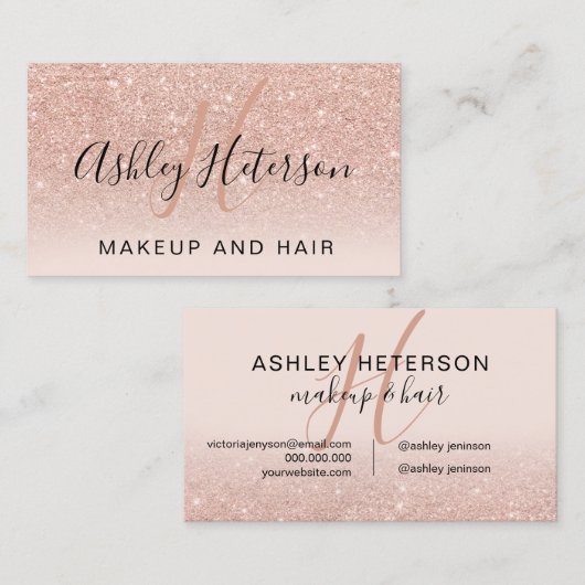 メイクアップモノグラムスクリプトバラ金ゴールドグリッター赤面 名刺 (正面/裏面)