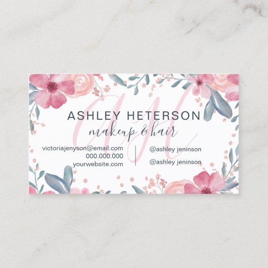 メイクアップモノグラムスクリプト春フローラ水色 名刺 (裏面)