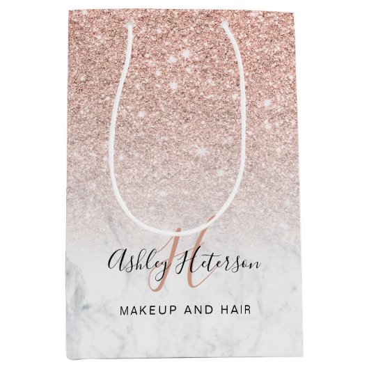 メイクアップモノグラム大理石バラ金ゴールドグリッタースクリプト ミディアムペーパーバッグ (正面)