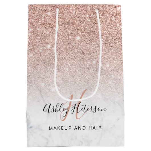 メイクアップモノグラム大理石バラ金ゴールドグリッタースクリプト ミディアムペーパーバッグ (裏面)