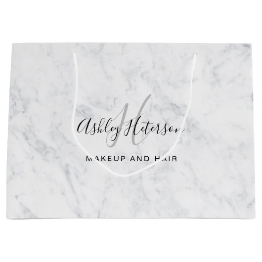 メイクアップモノグラム白大理石スクリプトタイポグラフィ ラージペーパーバッグ (正面)