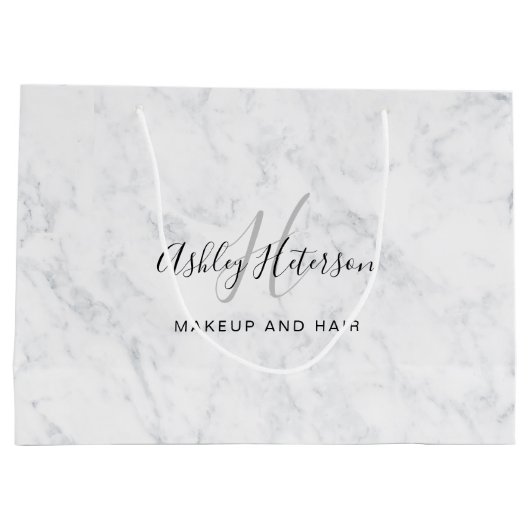 メイクアップモノグラム白大理石スクリプトタイポグラフィ ラージペーパーバッグ (裏面)