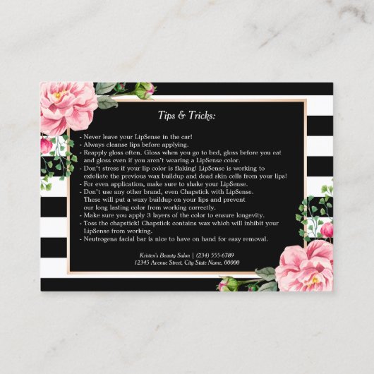 メイクアップリップの指示のヒント – ピンクのフローラ 名刺 (裏面)
