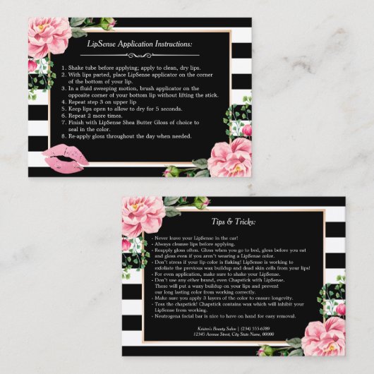 メイクアップリップの指示のヒント – ピンクのフローラ 名刺 (正面/裏面)