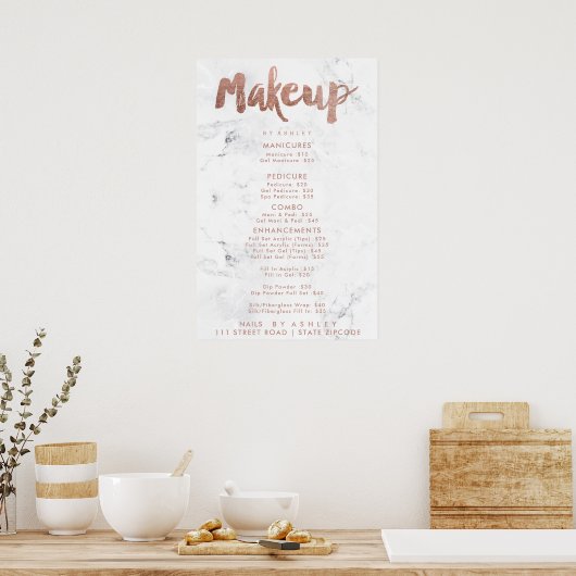 メイクアップ価格タイポグラフィバラ金ゴールド白大理石 ポスター (キッチン)