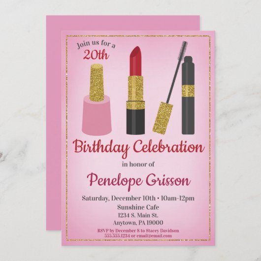 メイクアップ化粧品誕生日招待状美しいスパ 招待状 (正面/裏面)