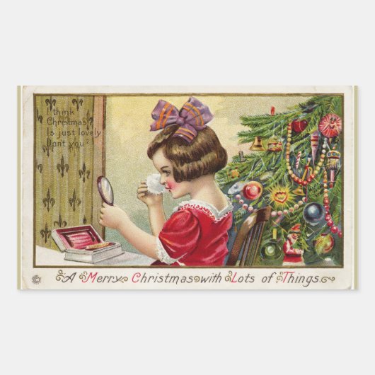メイクアップ小さな女の子鏡クリスマス 長方形シール (正面)