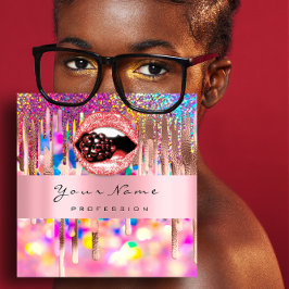 メイクアップ爪、 ネイルピンクローズホログラフィードリップキス唇 スクエア名刺