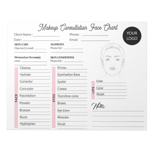 メイクアップ相談顔白とピンクのチャート ノートパッド (正面)