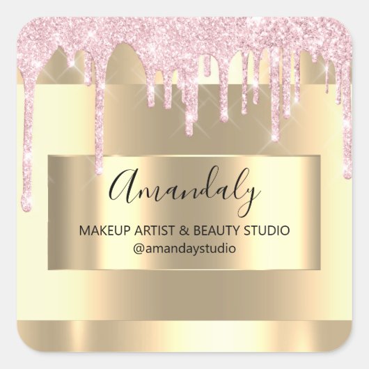メイクアップ美しいグリッター金ゴールドフレームブティックピンク スクエアシール (正面)