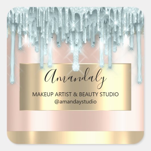 メイクアップ美しいグリッター金ゴールドフレームブティックブルー スクエアシール (正面)