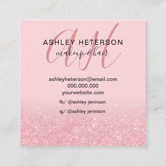 メイクアップ赤面ピンクグリッターロゴモノグラム スクエア名刺 (裏面)