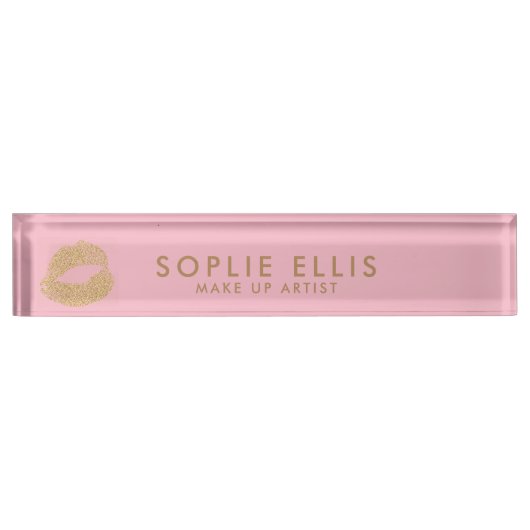 メイクアップ金ゴールドグリッターリップPinkパーソナライズ名 デスクネームプレート (正面)