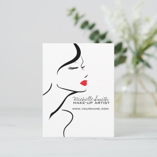 メイクアップ アイコン 女性の顔 黒白赤い口紅 ポストカード (スタンド正面)