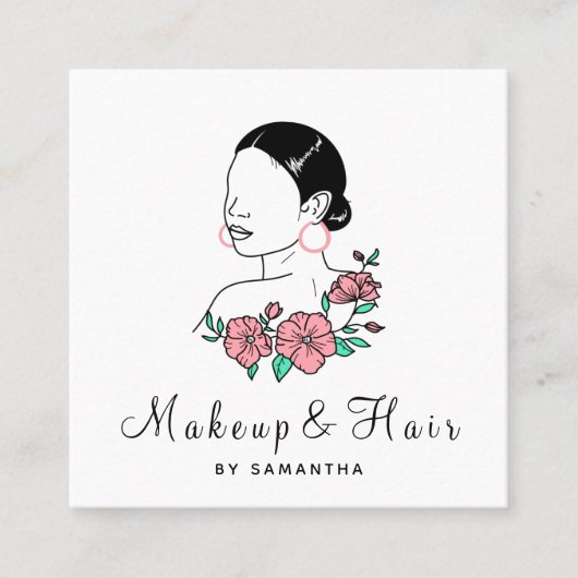 メイクアップ&ヘアかわいらしラテンアメリカ系女性女性フローラレディーガール スクエア名刺 (正面)
