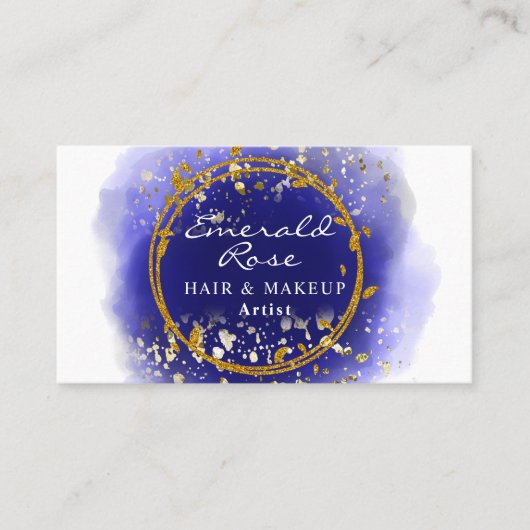 メイクアップ&美容師アーティストスクリプト青と金ゴールド 名刺 (正面)