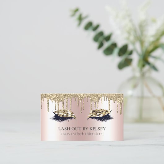 メイクアーティストが14k金ゴールドグリッターの蓋とドリップを点滅 名刺 (スタンド正面)