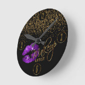 メイクアーティスト紫の唇と金ゴールド紙吹雪 ラウンド壁時計 (傾斜)