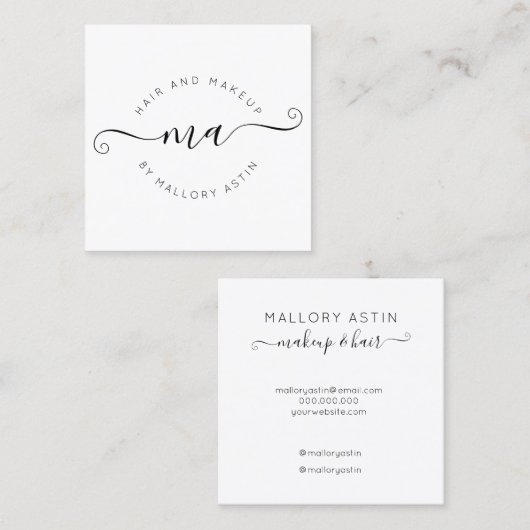 メイクイニシャルロゴモダン白黒ミニマル スクエア名刺 (正面/裏面)