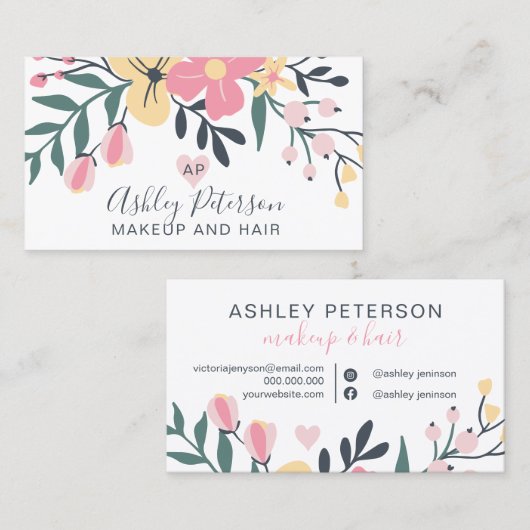 メイクエレガントタイポグラフィパステルフローラブーケ 名刺 (正面/裏面)