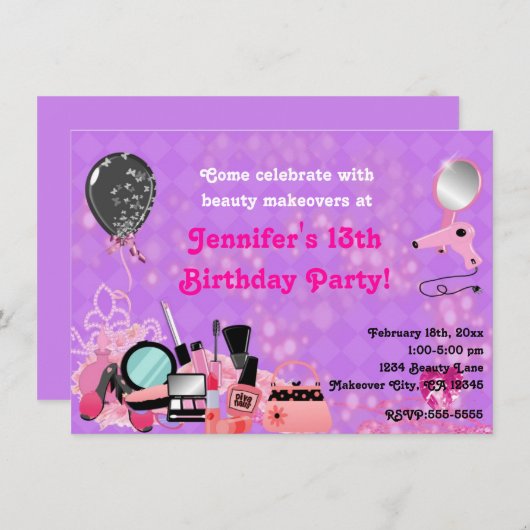 メイクオーバー美しい女子パーティの招待状 招待状 (正面/裏面)