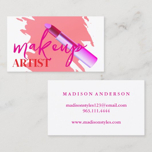 メイクモダンアップアーティストピンクの口紅と金ゴールド 名刺 (正面/裏面)