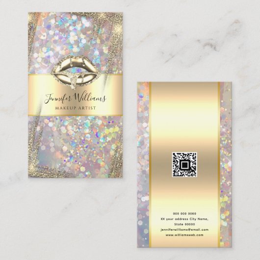 メイクモダンアップアーティストホログラフィックグリッターQRコード 名刺 (正面/裏面)