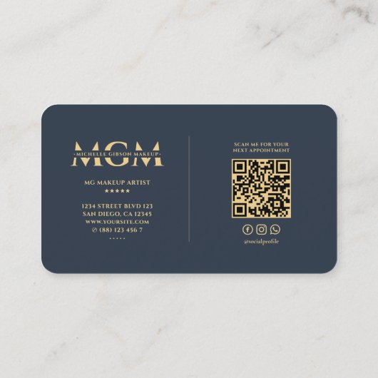 メイクモダンアップアーティストモノグラムエレガントブルー 名刺 (裏面)