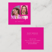 メイクモダンアップアーティスト写真コラージュ熱ピンク スクエア名刺 (正面/裏面)
