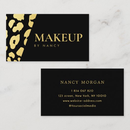メイクモダンアップヒョウ印刷ブラックと金ゴールド 名刺 (正面/裏面)