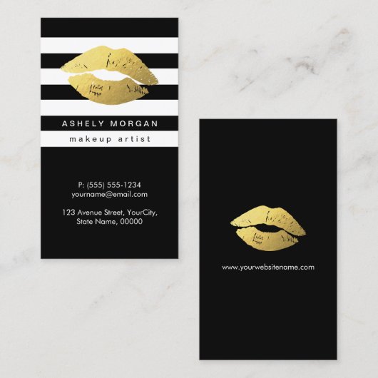 メイクモダンアップ金ゴールドリップ – シック白黒ストライプズ 名刺 (正面/裏面)
