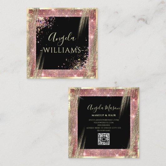 メイクユニークアップアーティストサロンQRコードブラックバラ金ゴールド スクエア名刺 (正面/裏面)