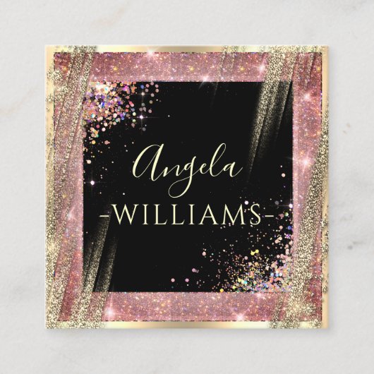 メイクユニークアップアーティストサロンQRコードブラックバラ金ゴールド スクエア名刺 (正面)