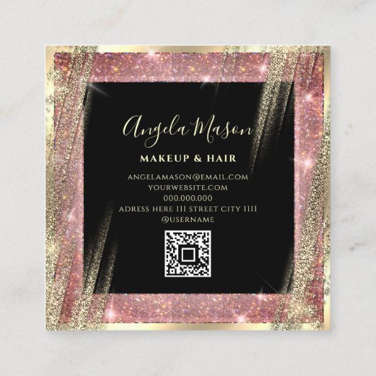 メイクユニークアップアーティストサロンQRコードブラックバラ金ゴールド スクエア名刺 (裏面)