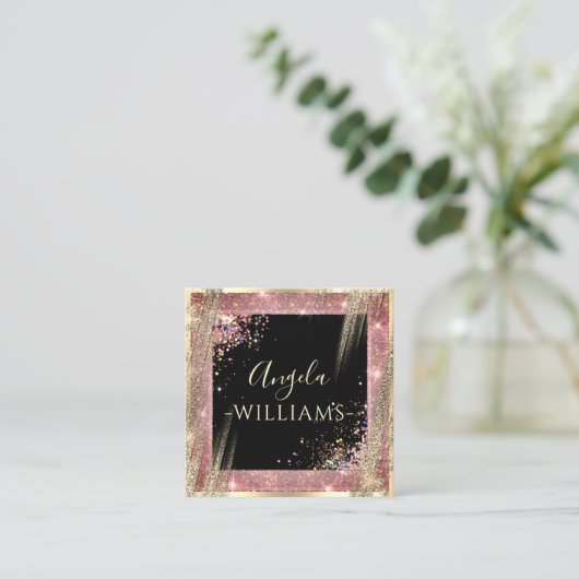 メイクユニークアップアーティストサロンQRコードブラックバラ金ゴールド スクエア名刺 (スタンド正面)