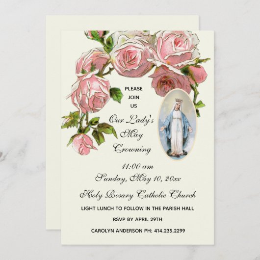 メイクラウニングヴァージンメアリー宗教ピンクローズ 招待状 (正面/裏面)