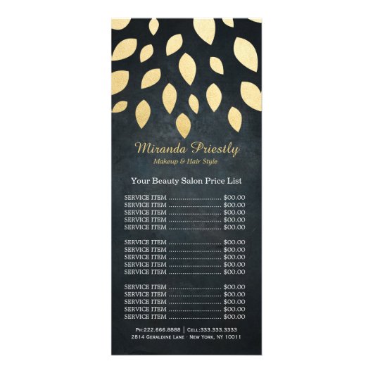 メイク美しいサロンブラック&金ゴールド葉価格リスト ラックカード (正面)