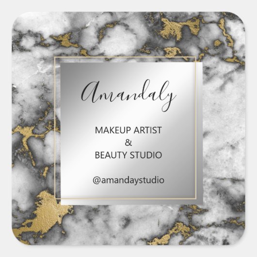メイク美しいショップ感謝してい金ゴールド大理石フレームグレー スクエアシール (正面)