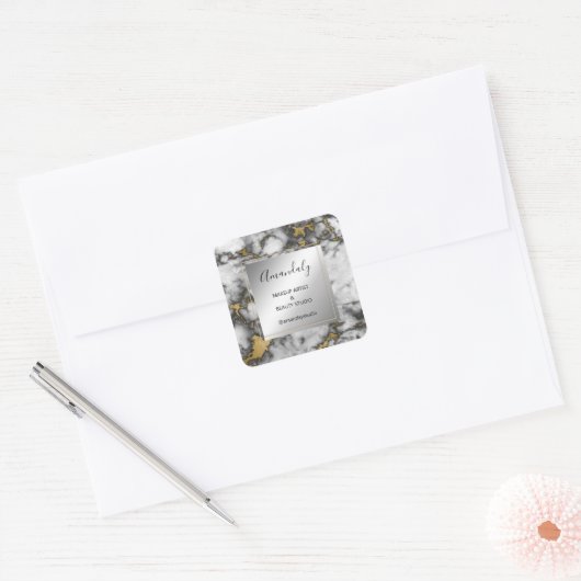 メイク美しいショップ感謝してい金ゴールド大理石フレームグレー スクエアシール (封筒)