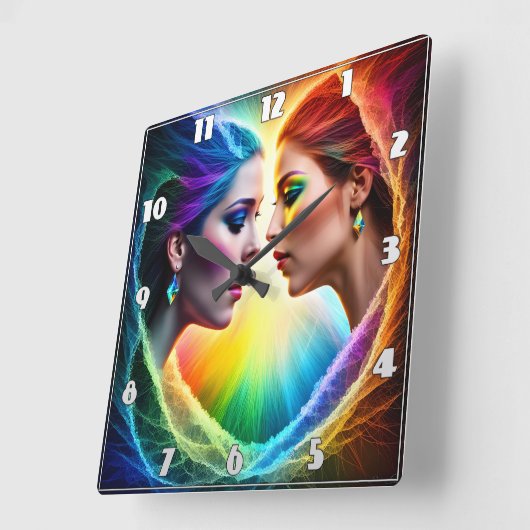 メイク鮮やかアップの女性の二重ポートレート スクエア壁時計 (傾斜)