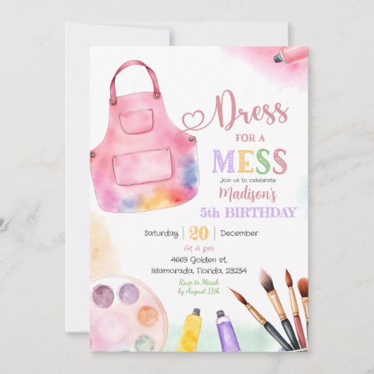 メイスガールアートの絵を描パーティー誕生日 招待状 (正面)