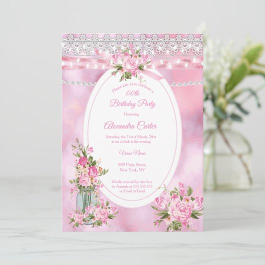 メイスンかわいらしジャール真珠の文字列ライトフローラピンク 招待状 (スタンド正面)