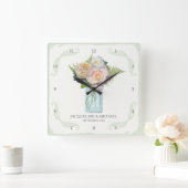 メイスンかわいらしジャーwバラ花Fern Leaf Swirl スクエア壁時計 (ホーム)