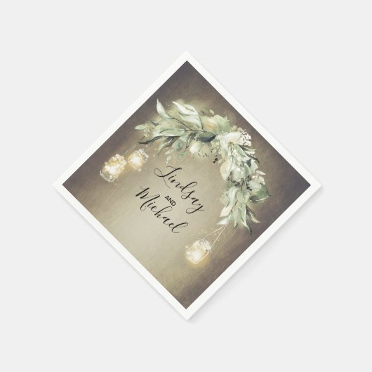 メイスンの壺の灯りと素朴緑結婚色 スタンダードカクテルナプキン (角)